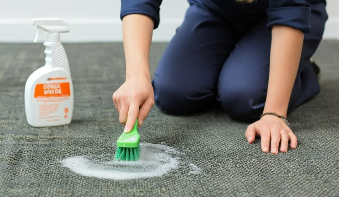 Person scrubbing carpet stain with brush and cleaner